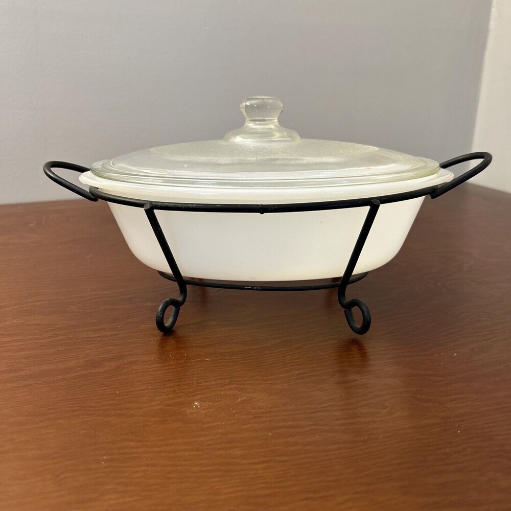 Vintage Glasbake 1 Qt. White Pot w/ metal Stand and lid